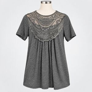 EMERY ROSE Womens XS Gray Crochet Lace Yoke Short Sleeve Pleated Tunic Top